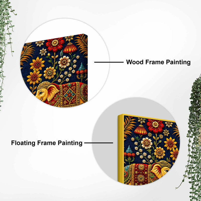 Traditional Elephant Pair Embroidered Tanjore Style 3D Canvas Wall Painting