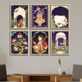 Traditional Floral Pattern & Peacock Artwork Wall Frame Set of Six