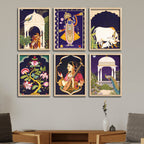 Traditional Floral Pattern & Peacock Artwork Wall Frame Set of Six