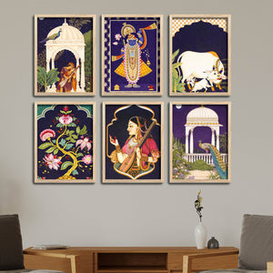 Traditional Floral Pattern & Peacock Artwork Wall Frame Set of Six
