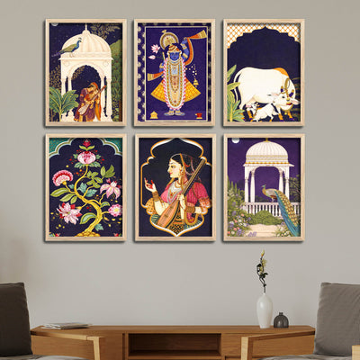 Traditional Floral Pattern & Peacock Artwork Wall Frame Set of Six