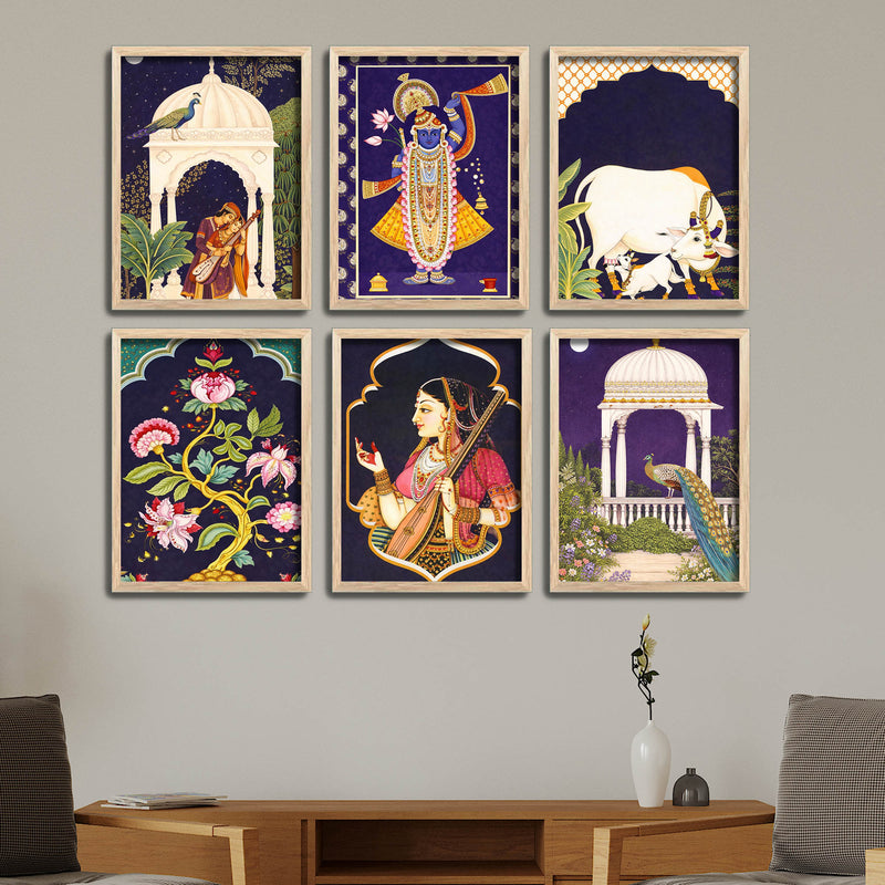 Traditional Floral Pattern & Peacock Artwork Wall Frame Set of Six