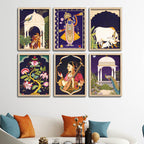 Traditional Floral Pattern & Peacock Artwork Wall Frame Set of Six