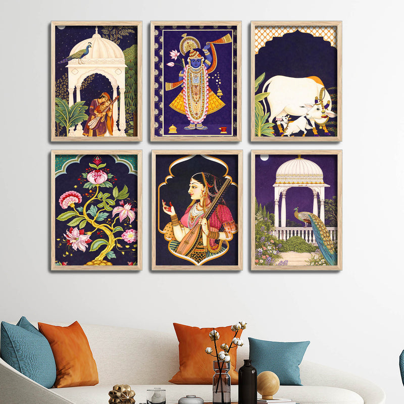 Traditional Floral Pattern & Peacock Artwork Wall Frame Set of Six