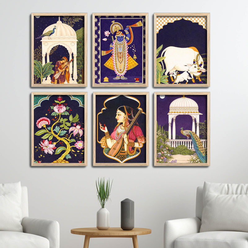 Traditional Floral Pattern & Peacock Artwork Wall Frame Set of Six