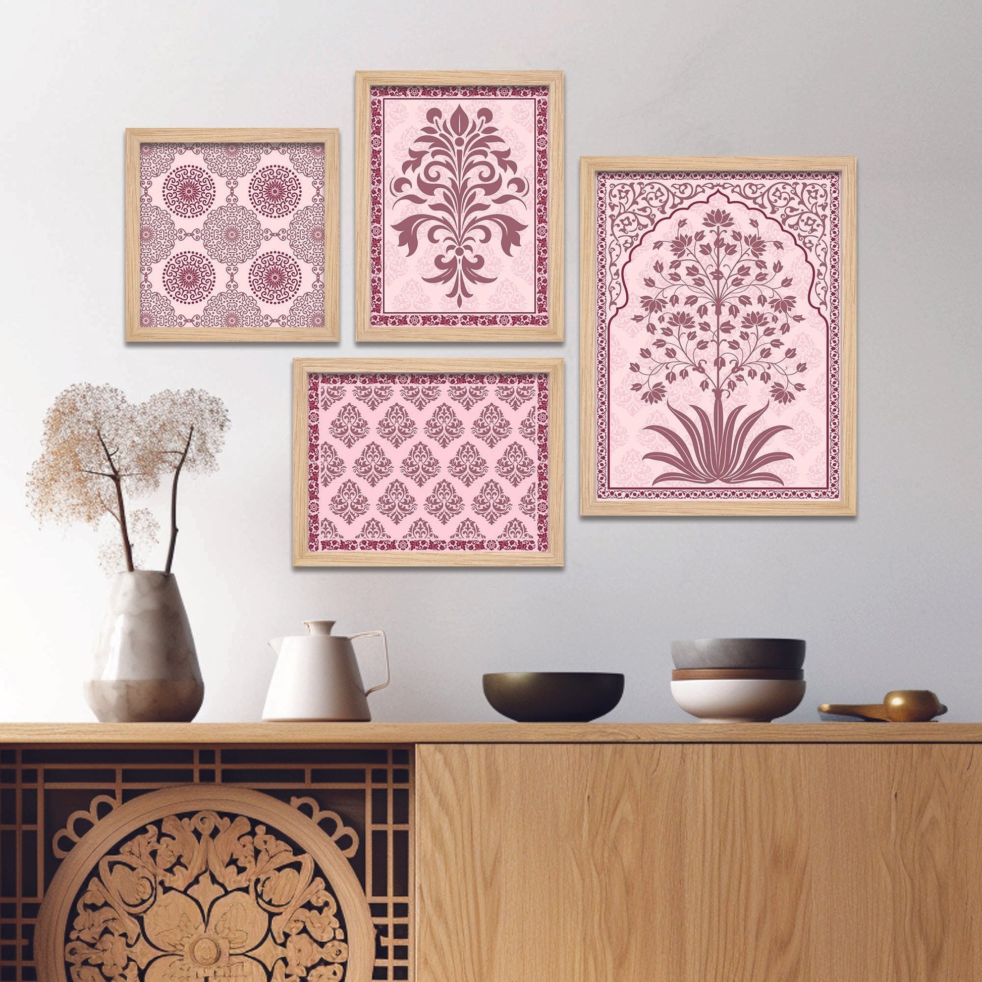 Traditional Flower Pattern with Pink Shade Art Wall Frame Set of Four