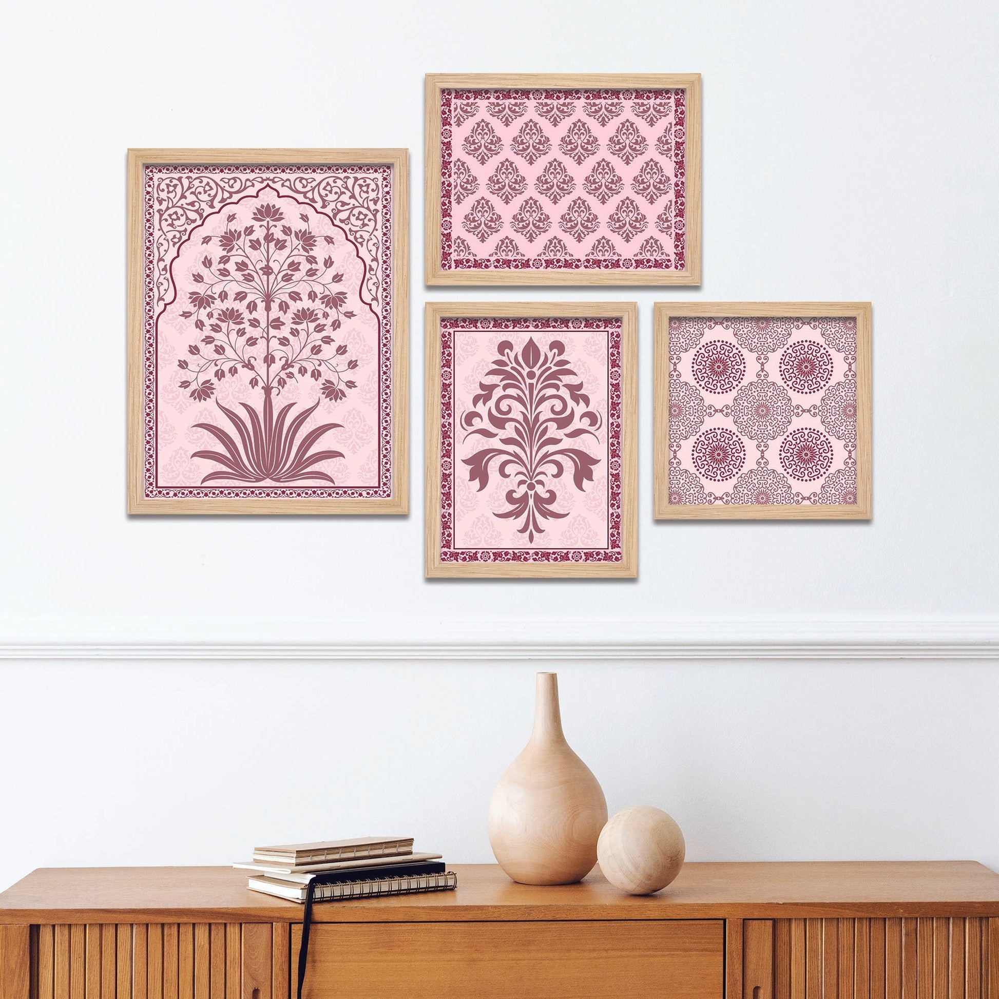 Traditional Flower Pattern with Pink Shade Art Wall Frame Set of Four