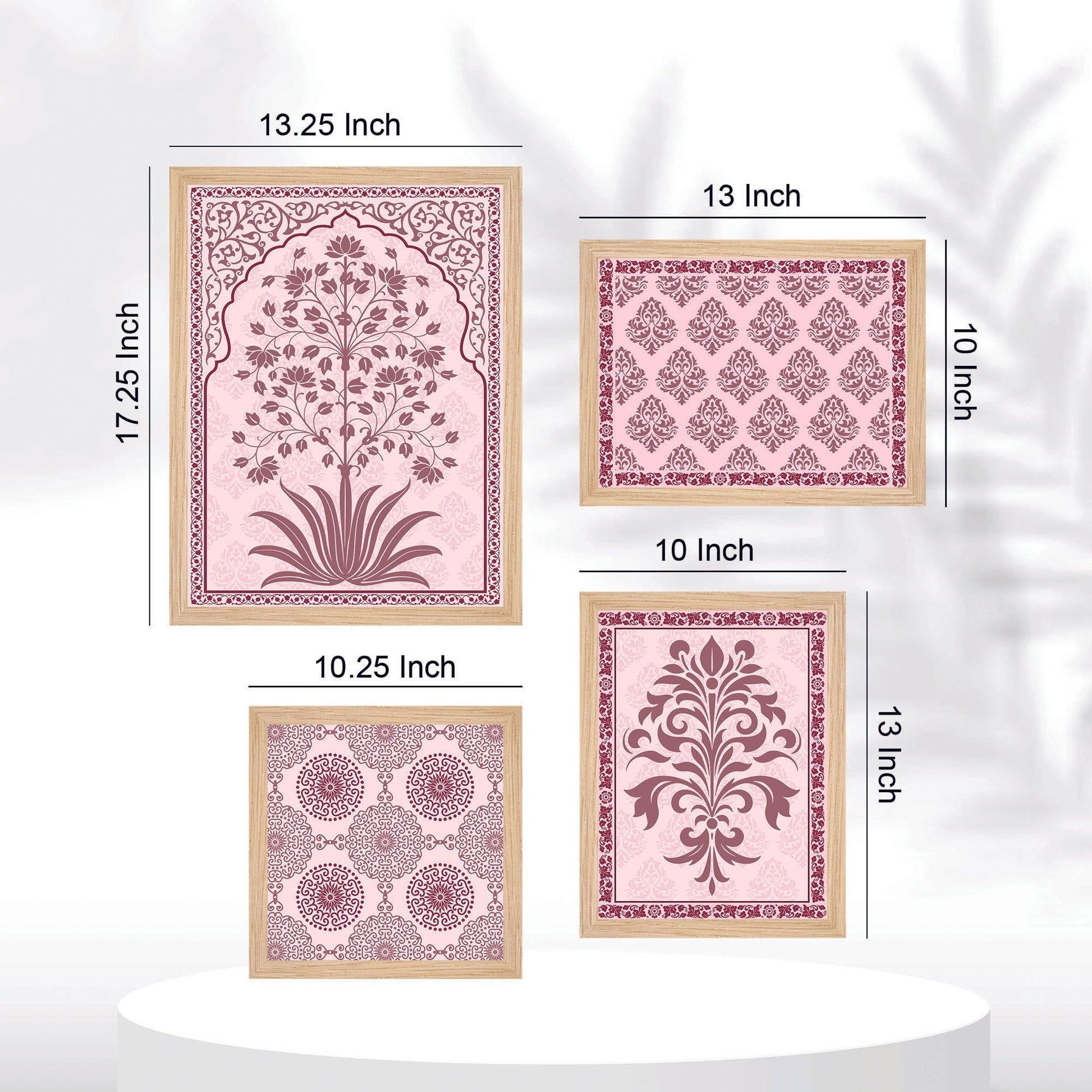 Traditional Flower Pattern with Pink Shade Art Wall Frame Set of Four