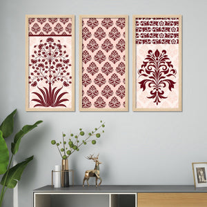 Traditional Flower Pattern with Pink Shade Art Wall Frame Set of Three