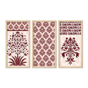 Traditional Flower Pattern with Pink Shade Art Wall Frame Set of Three