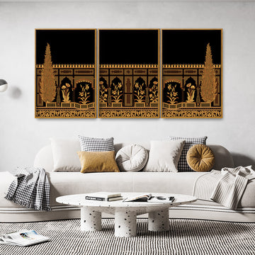 Traditional Indian Antique Gold Border Mughal Art Floating Canvas Wall Painting Set of Three