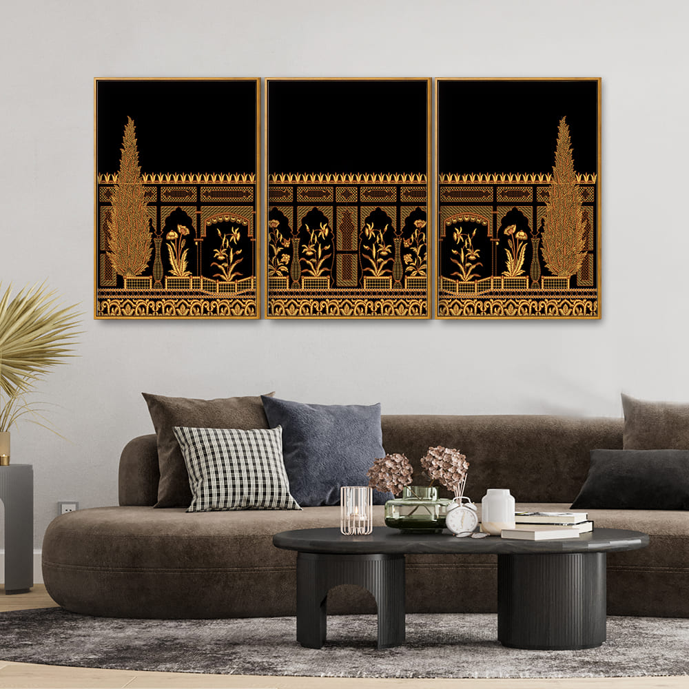 Traditional Indian Antique Gold Border Mughal Art Floating Canvas Wall Painting Set of Three