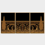 Traditional Indian Antique Gold Border Mughal Art Floating Canvas Wall Painting Set of Three