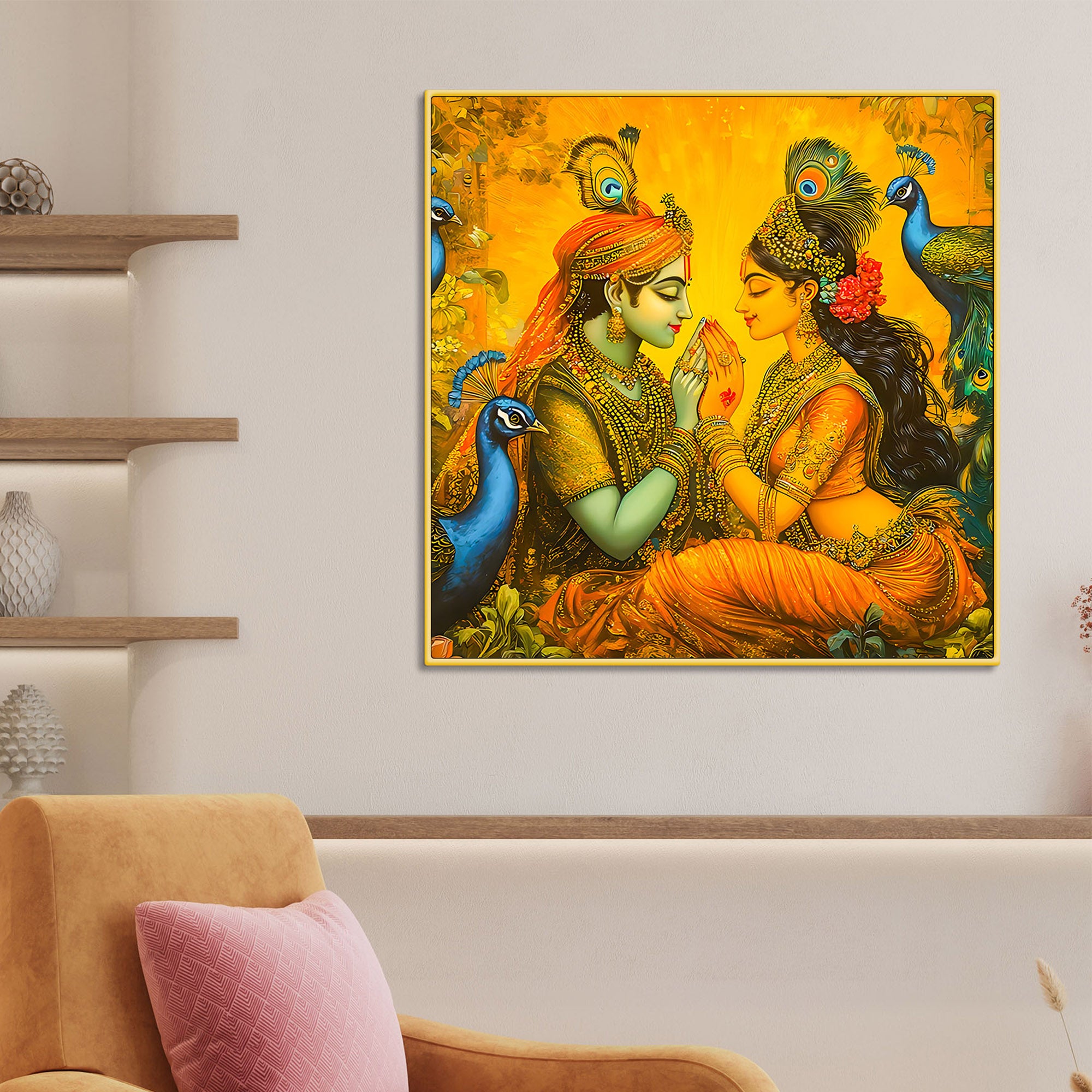  traditional-indian-art-radha-krishna-playing-with-peacocks-canvas-wall-painting-for-modern-spiritual-wall-decor
