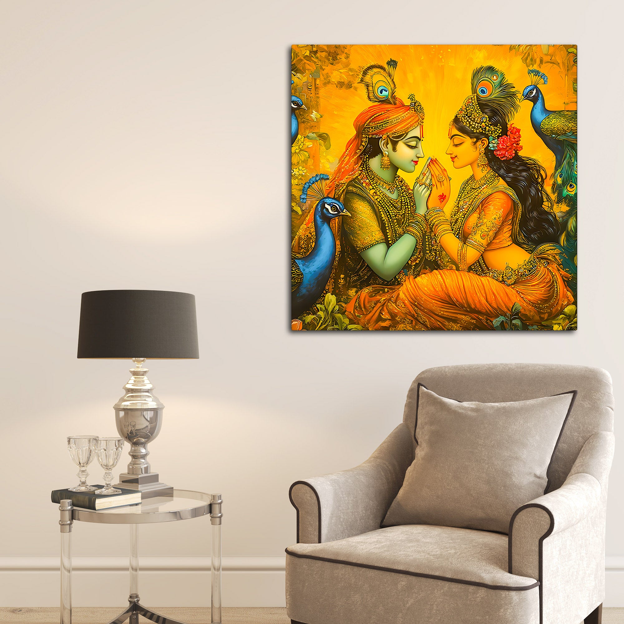 Traditional Indian Art Radha Krishna Playing with Peacocks Canvas Wall Painting for Modern Spiritual Wall Decor
