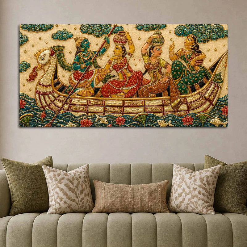 Traditional Indian Boat Journey Embroidery Tanjore Style 3D Canvas Wall Painting
