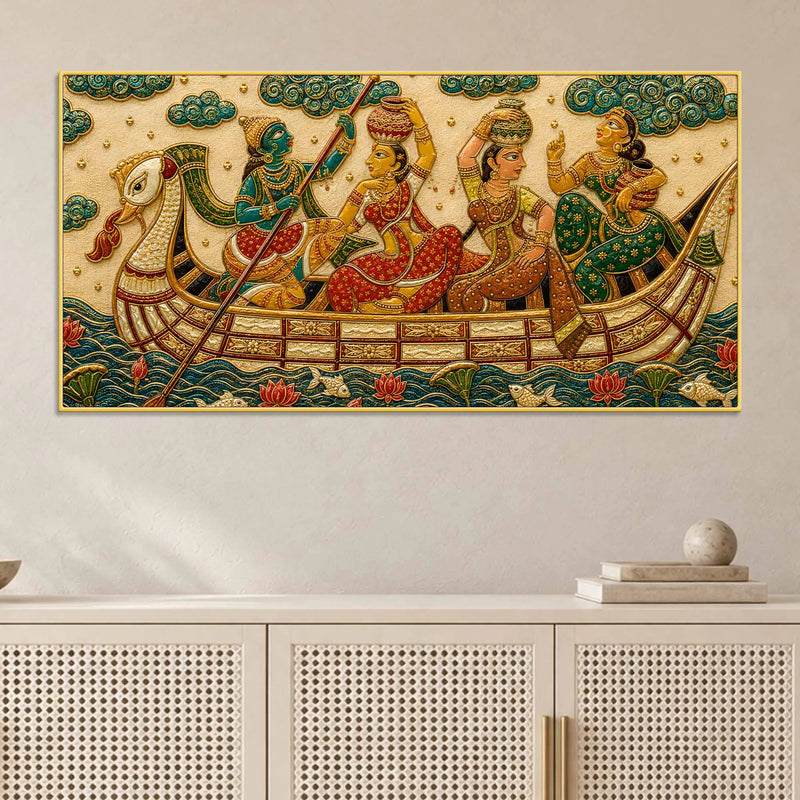 Traditional Indian Boat Journey Embroidery Tanjore Style 3D Canvas Wall Painting