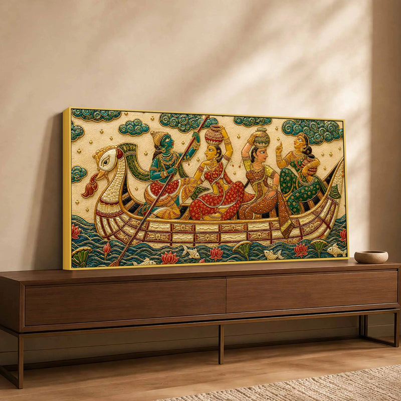 Traditional Indian Boat Journey Embroidery Tanjore Style 3D Canvas Wall Painting