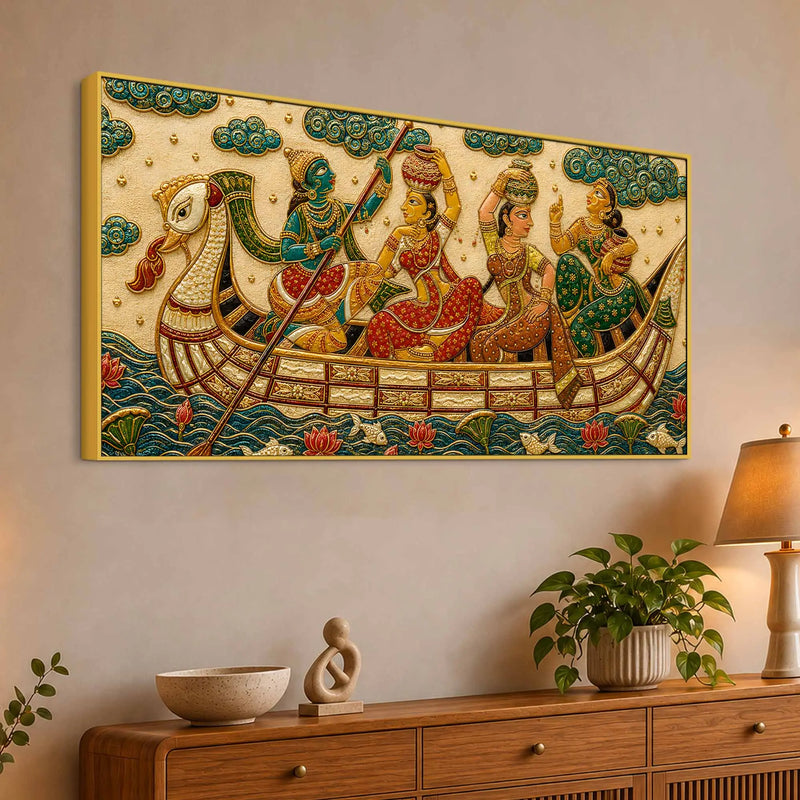 Traditional Indian Boat Journey Embroidery Tanjore Style 3D Canvas Wall Painting