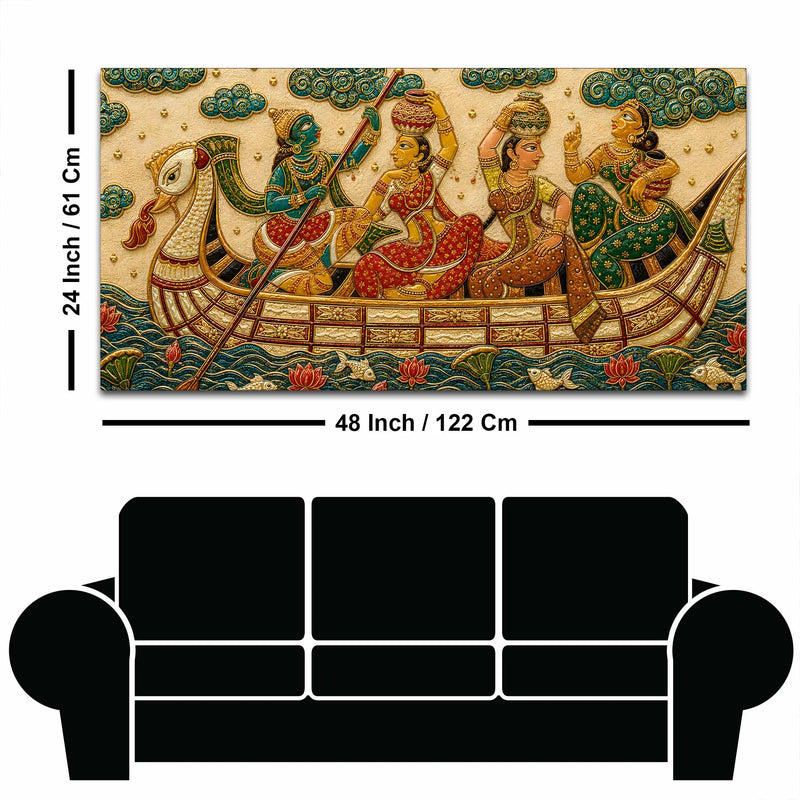 Traditional Indian Boat Journey Embroidery Tanjore Style 3D Canvas Wall Painting