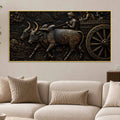 Traditional Indian Bullock Cart Village Scene Metallic Look 3D Canvas Wall Painting