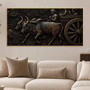 Traditional Indian Bullock Cart Village Scene Metallic Look 3D Canvas Wall Painting