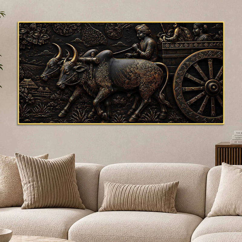 Traditional Indian Bullock Cart Village Scene Metallic Look 3D Canvas Wall Painting
