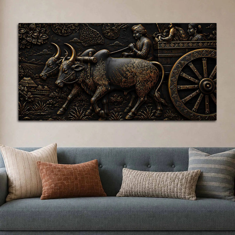 Traditional Indian Bullock Cart Village Scene Metallic Look 3D Canvas Wall Painting