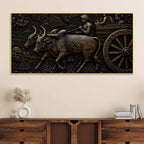 Traditional Indian Bullock Cart Village Scene Metallic Look 3D Canvas Wall Painting