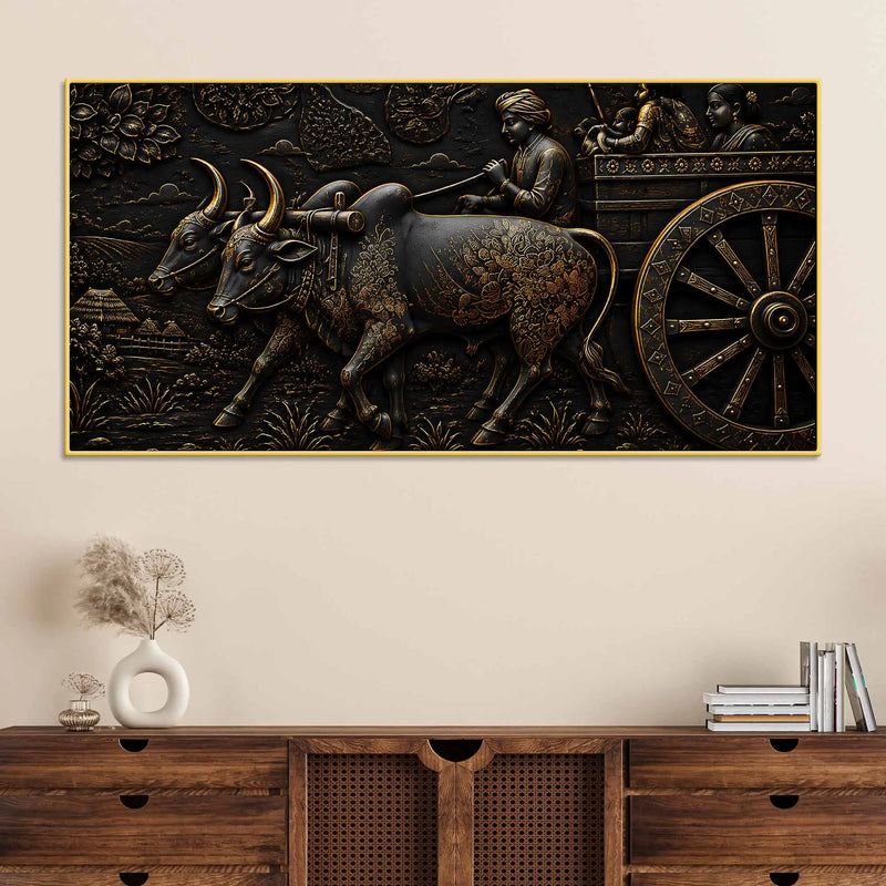Traditional Indian Bullock Cart Village Scene Metallic Look 3D Canvas Wall Painting