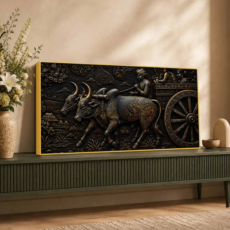 Traditional Indian Bullock Cart Village Scene Metallic Look 3D Canvas Wall Painting