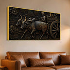 Traditional Indian Bullock Cart Village Scene Metallic Look 3D Canvas Wall Painting