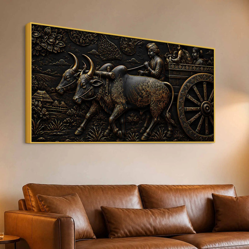 Traditional Indian Bullock Cart Village Scene Metallic Look 3D Canvas Wall Painting