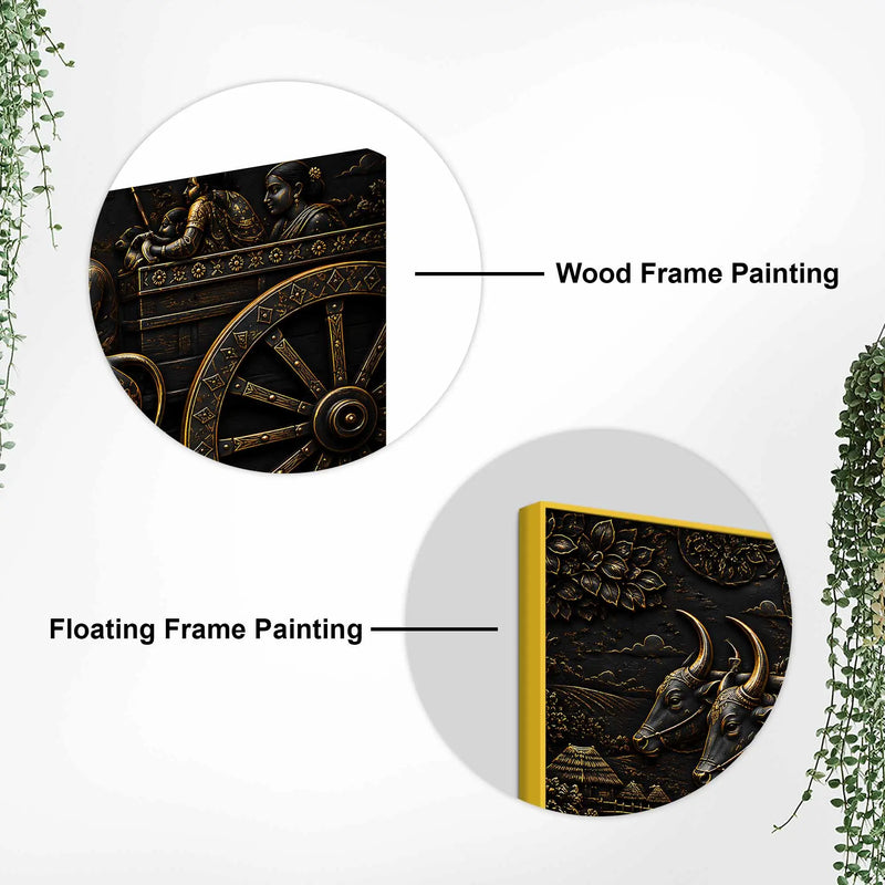 Traditional Indian Bullock Cart Village Scene Metallic Look 3D Canvas Wall Painting