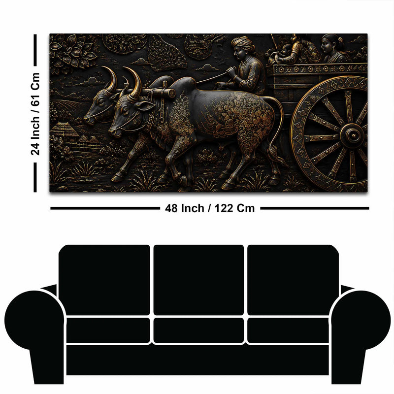 Traditional Indian Bullock Cart Village Scene Metallic Look 3D Canvas Wall Painting