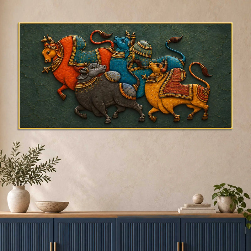 Traditional Indian Bulls 3D Bas-Relief Type Canvas Wall Painting