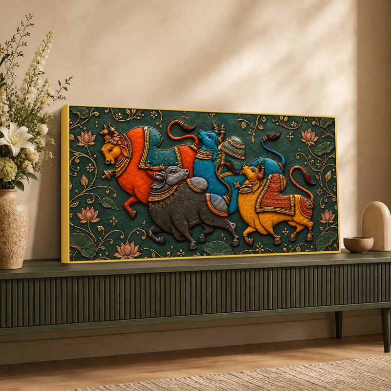 Traditional Indian Bulls 3D Bas-Relief Type Canvas Wall Painting