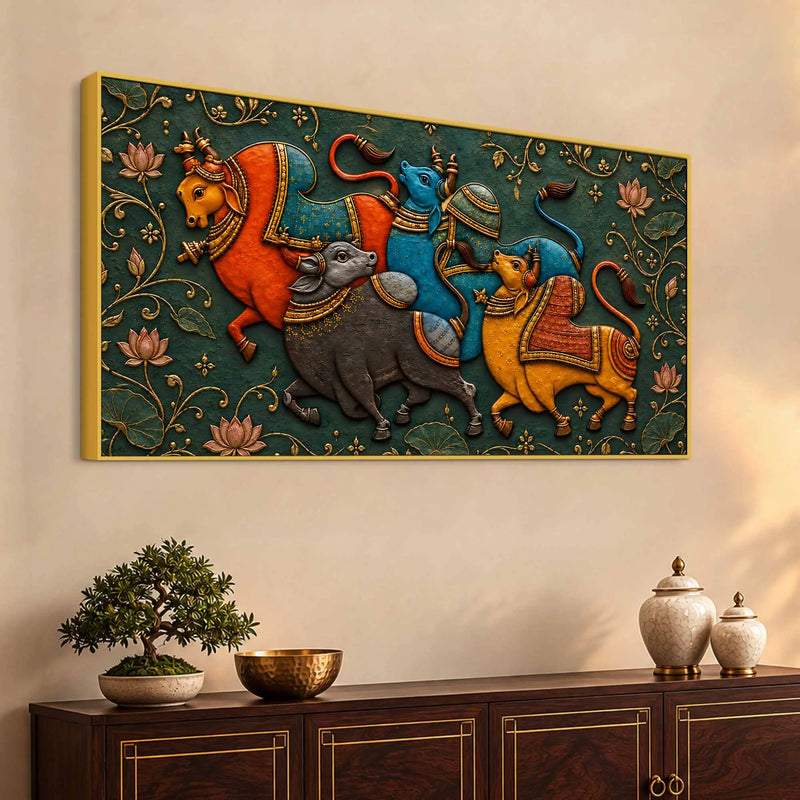 Traditional Indian Bulls 3D Bas-Relief Type Canvas Wall Painting