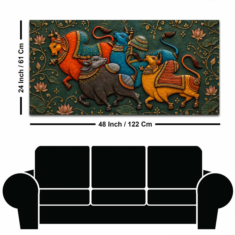 Traditional Indian Bulls 3D Bas-Relief Type Canvas Wall Painting