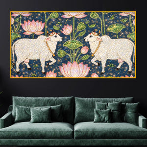 Traditional Indian Cow Art with Lotus Crystal Glass Wall Painting