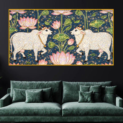 Traditional Indian Cow Art with Lotus Crystal Glass Wall Painting