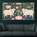 Traditional Indian Cow Art with Lotus Crystal Glass Wall Painting