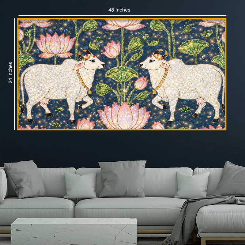 Traditional Indian Cow Art with Lotus Crystal Glass Wall Painting