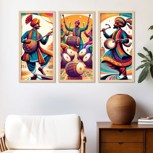 Traditional Indian Culture Lohri Festival Art Wooden Wall Frame Set of Three