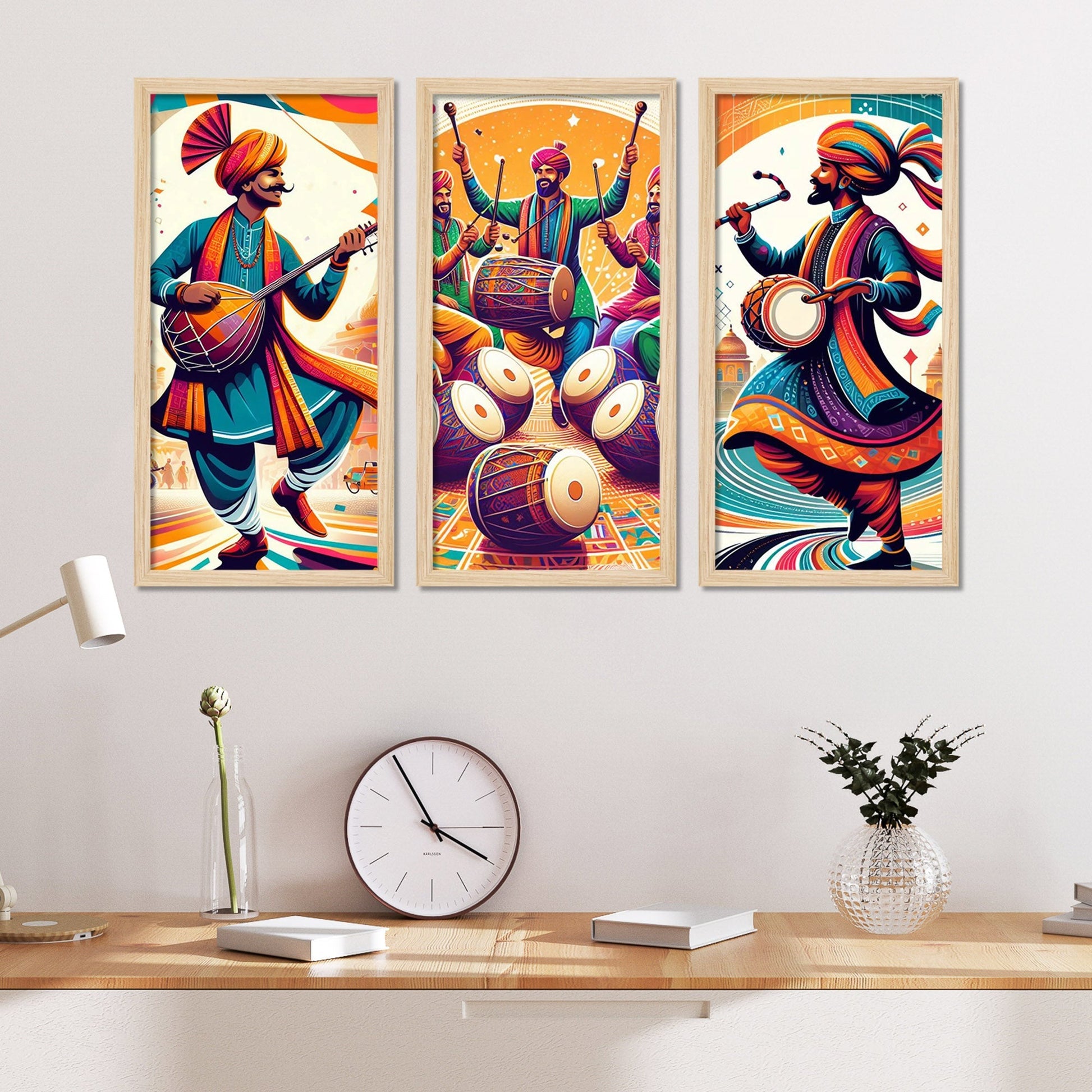 Traditional Indian Culture Lohri Festival Art Wooden Wall Frame Set of Three