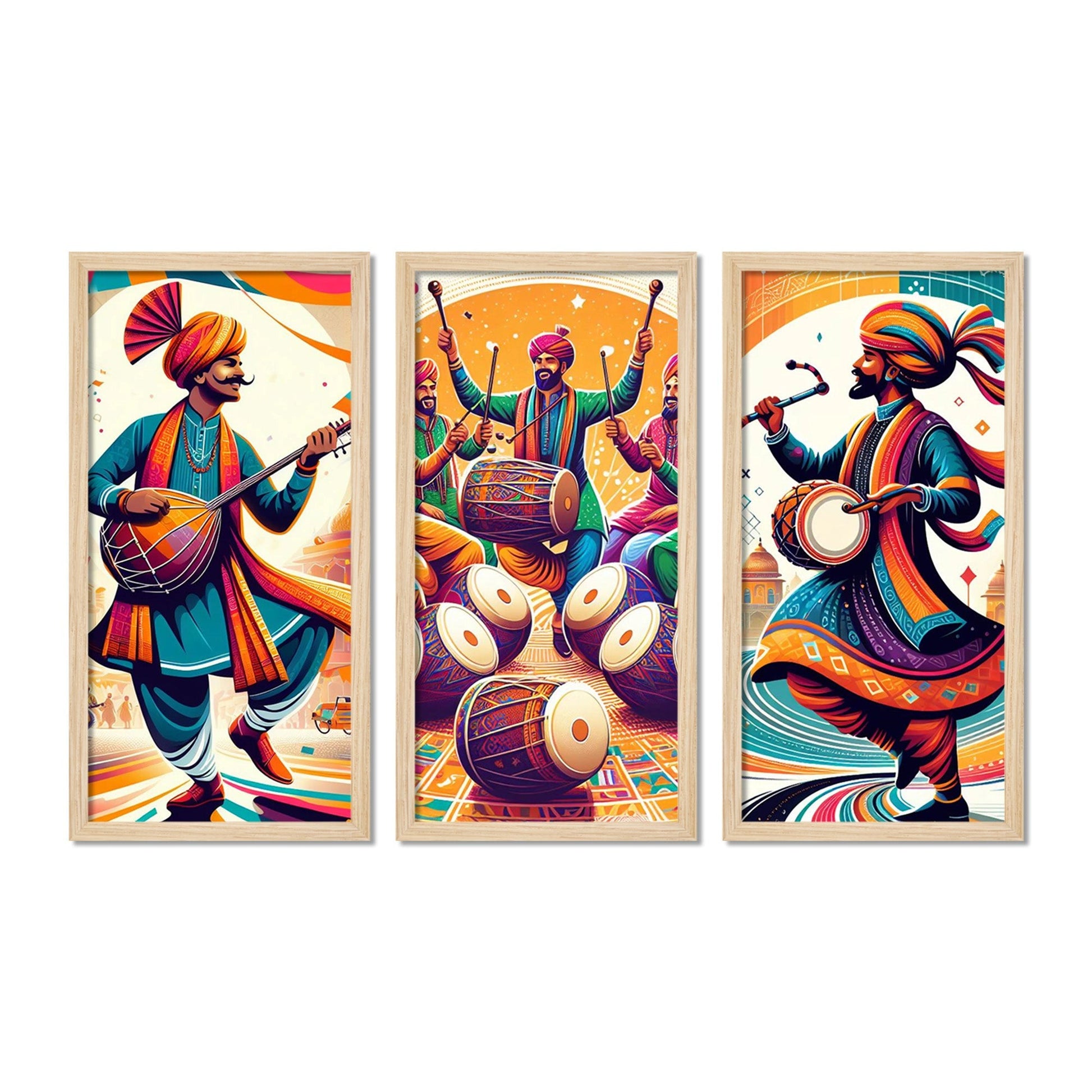 Traditional Indian Culture Lohri Festival Art Wooden Wall Frame Set of Three