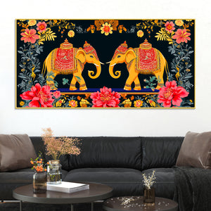 Traditional Indian Elephant Canvas Painting | Ethnic Floral Wall Painting