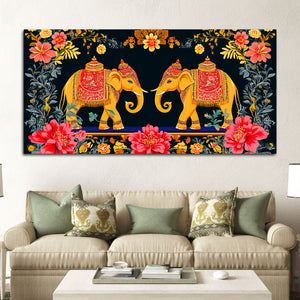 Traditional Indian Elephant Canvas Painting | Ethnic Floral Wall Painting