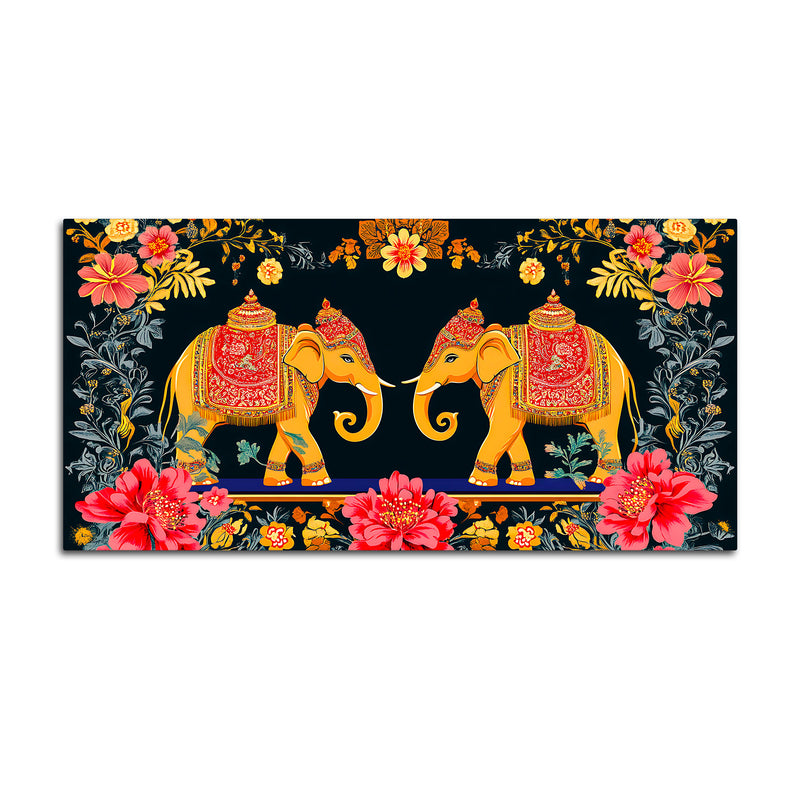 Traditional Indian Elephant Canvas Painting | Ethnic Floral Wall Painting