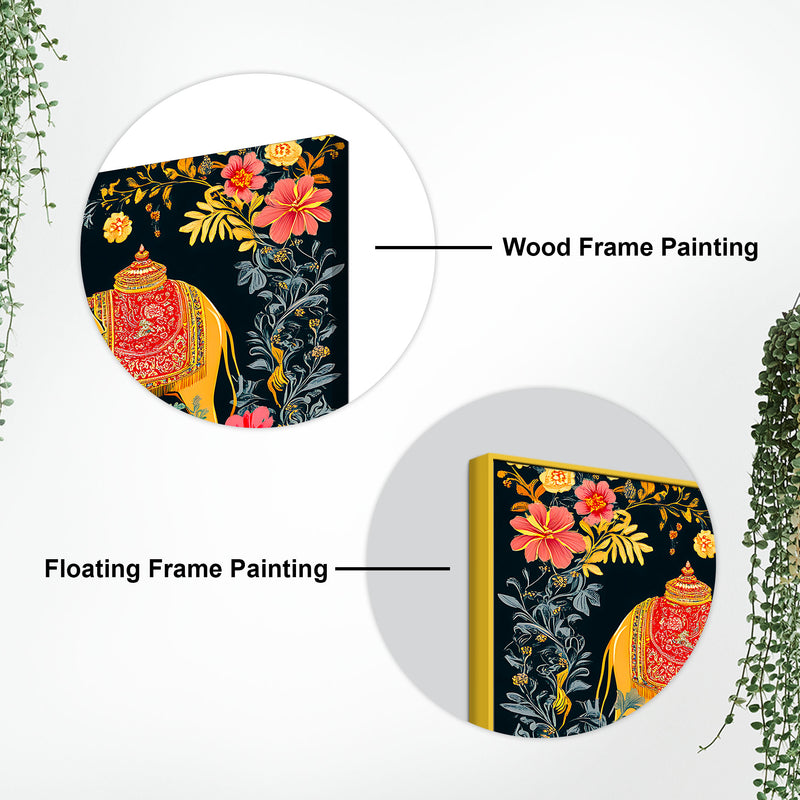 Traditional Indian Elephant Canvas Painting | Ethnic Floral Wall Painting